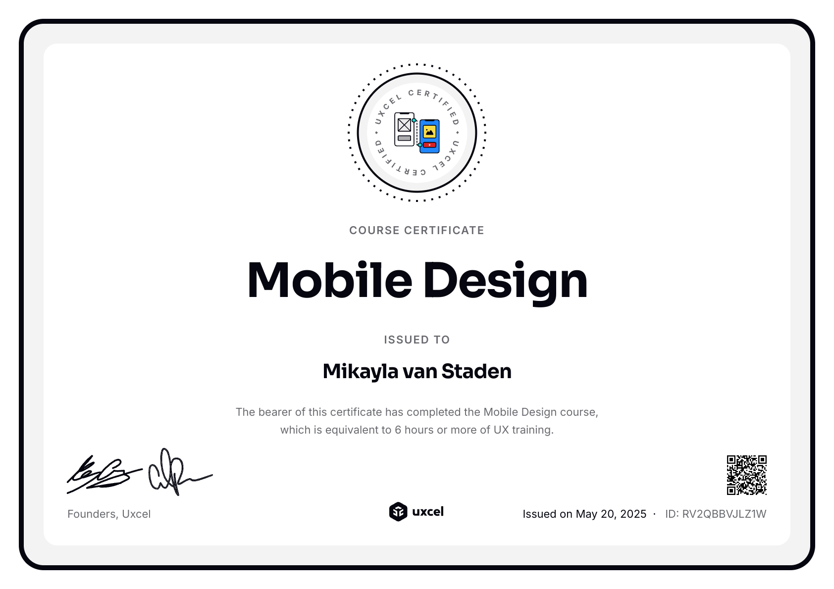 Mikayla's certificate